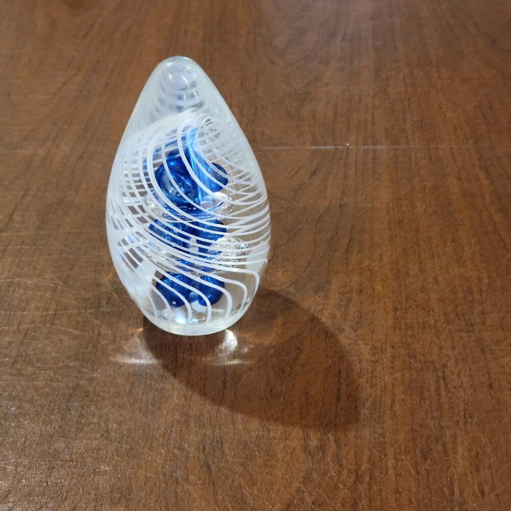Vintage Hand Blown Art Glass Paperweight blue bubble center